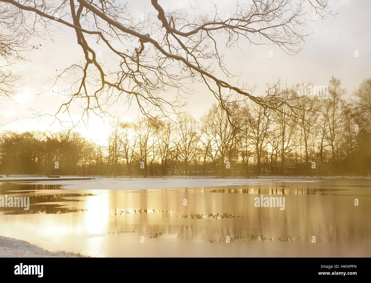 Cold and misty winter morning with golden sunrise on a frozen lake ...