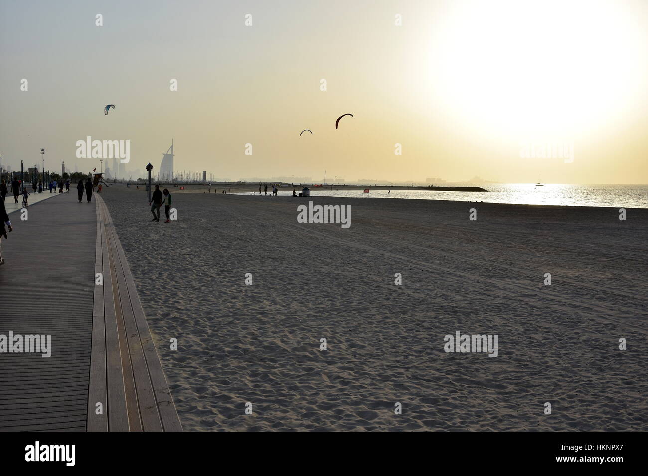 Dubai Kite beach at sunset Jumeirah, Dubai, United Arab Emirates Stock