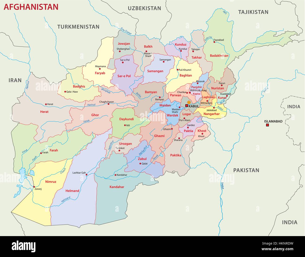 Afghanistan administrative and political vector map includes surrounding countries, in color with cities, district names and cap Stock Vector