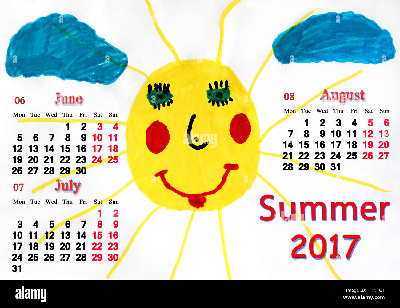 calendar for summer of 7 with children's drawing with funny sun and clouds Stock Photo