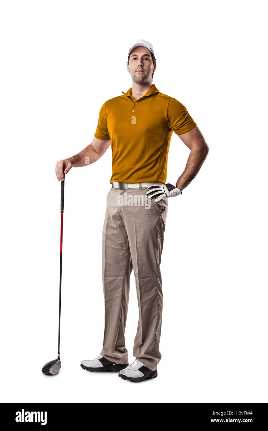 Golf Player in a orange shirt standing on a white Background. Stock Photo