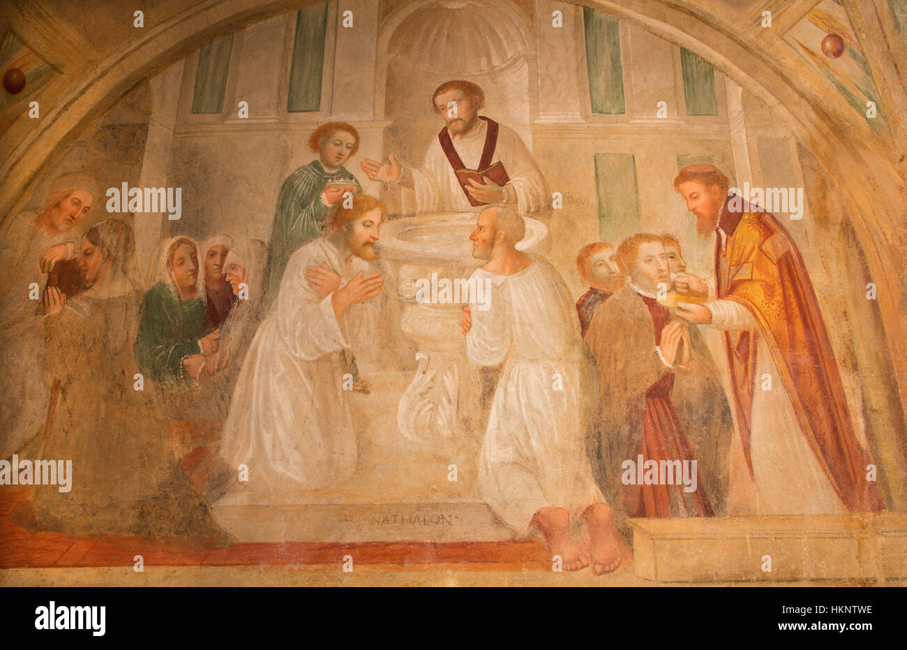 BRESCIA, ITALY - MAY 21, 2016: The fresco of Baptism and Communion in church Chiesa di San Pietro in Olvieto by Paolo da Caylina il Giovane Stock Photo