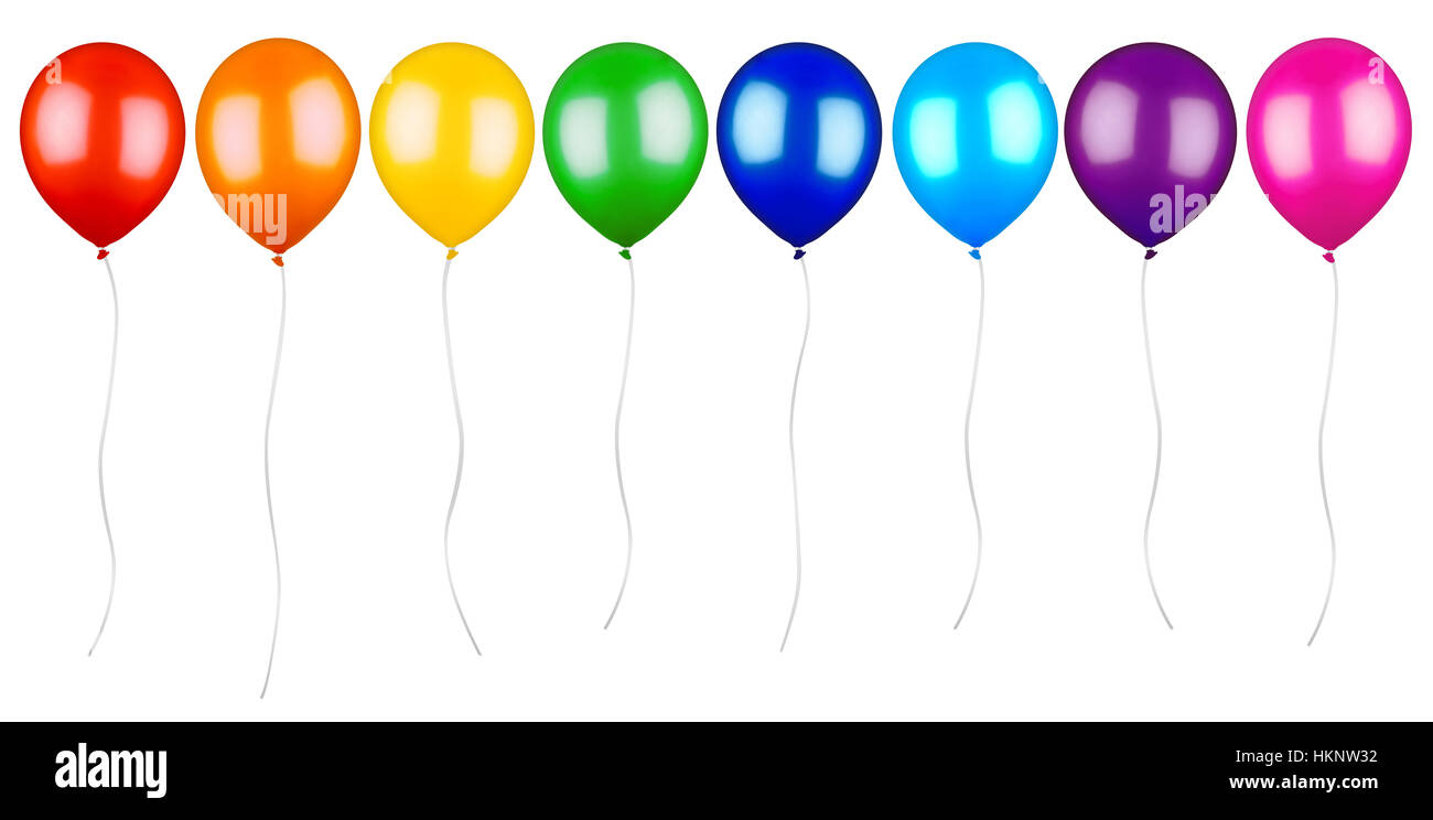row of colorful balloons with string cord isolated on white