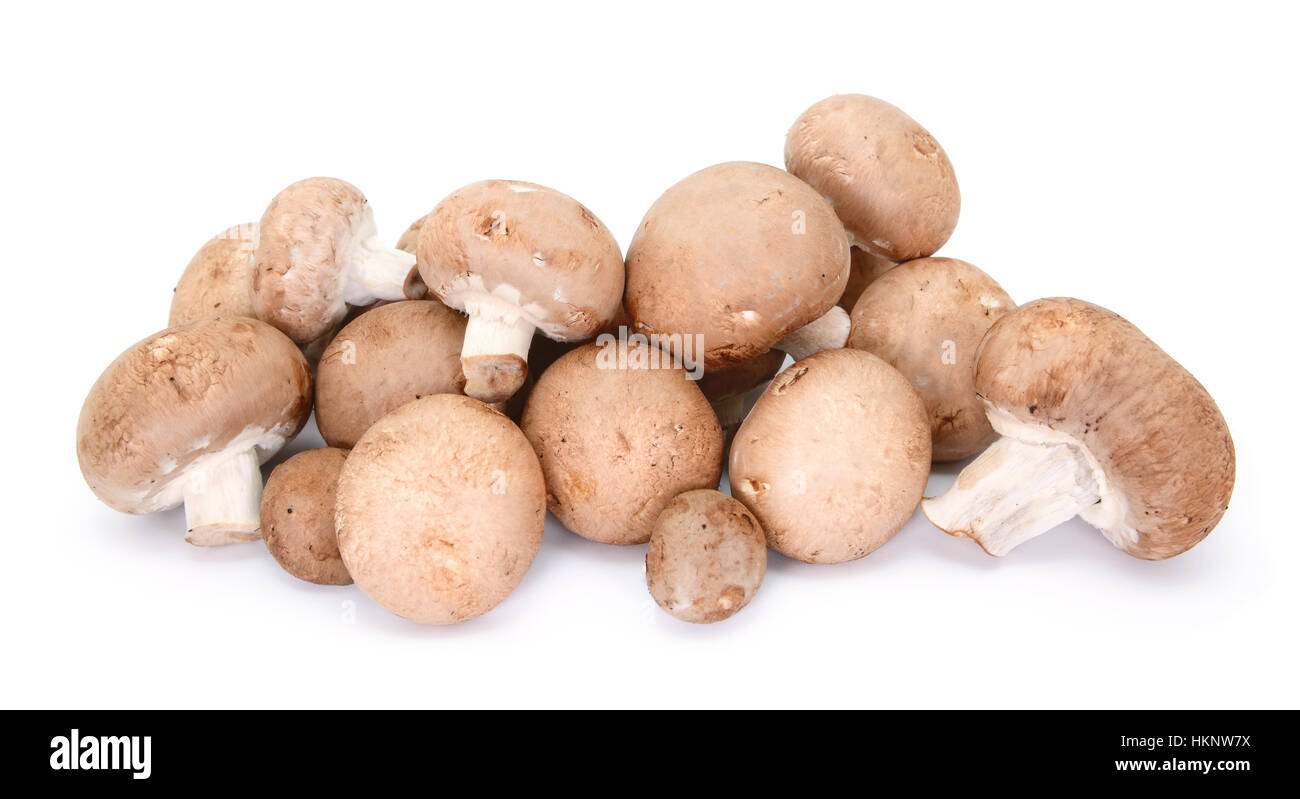 Heap of raw chestnut mushrooms showing caps and stalks, isolated on a white background Stock Photo