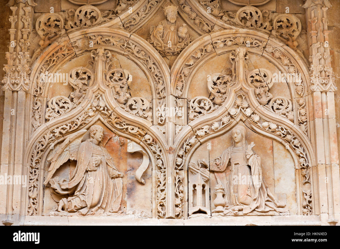 SALAMANCA, SPAIN, APRIL - 17, 2016: The Annunciation as the detail from gothic portal of romanesque church Iglesia de San Benito. Stock Photo