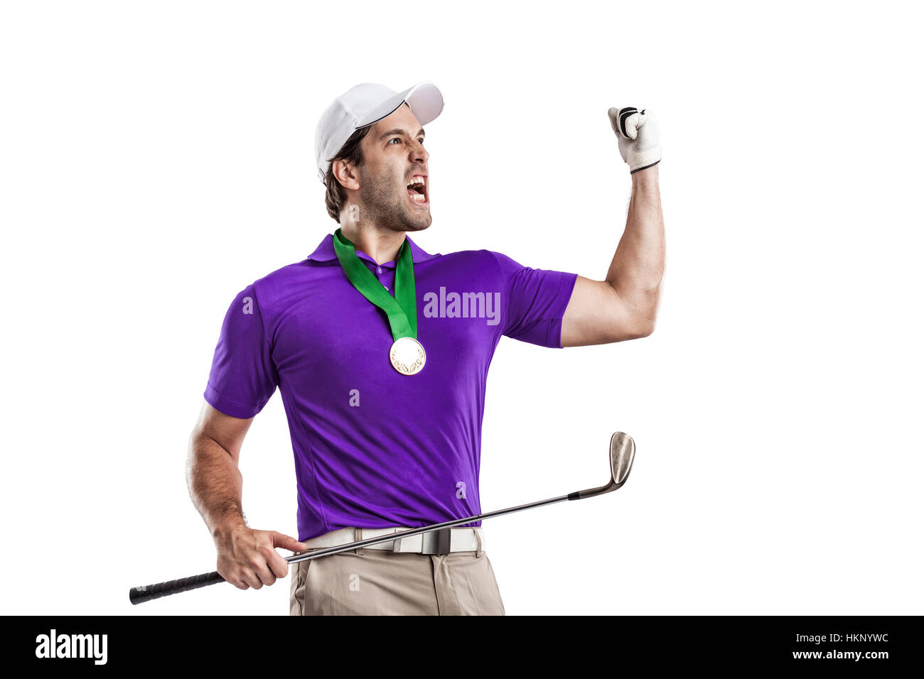 Golf Player in a purple shirt celebrating with a golden medal, on a ...