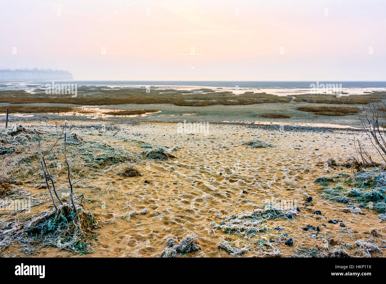 England, Ramsgate. Winter. Sunrise over the English Channel and Pegwell Bay. Frost on the beach, salt water marshes with spartina grass at low tide. Stock Photo