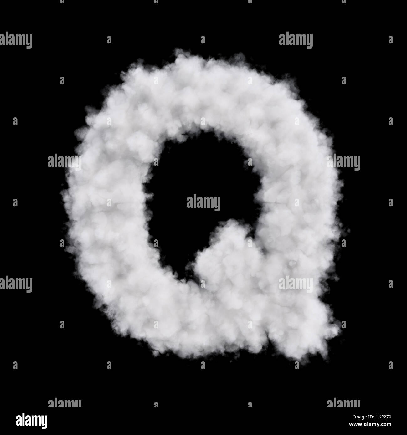 Capital letter Q font of white cloud shape. Cloudy alphabet. 3d rendering illustration. Isolated on black background Stock Photo