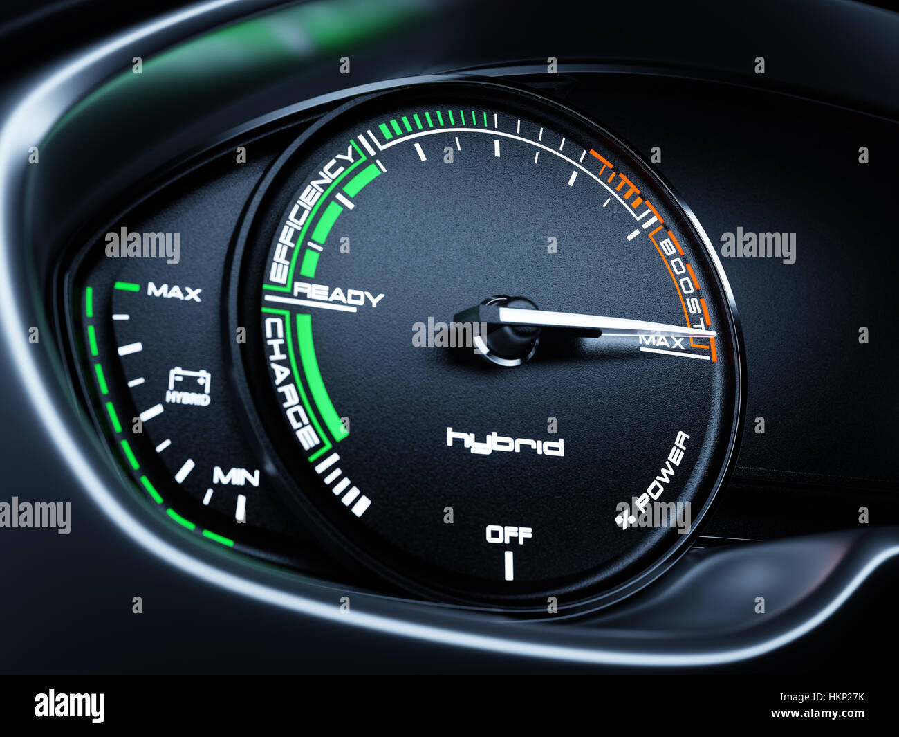 Hybrid car illuminated dashboard speedometer tachometer with full energy level and MAX BOOST power. 3d renderin illustration Stock Photo