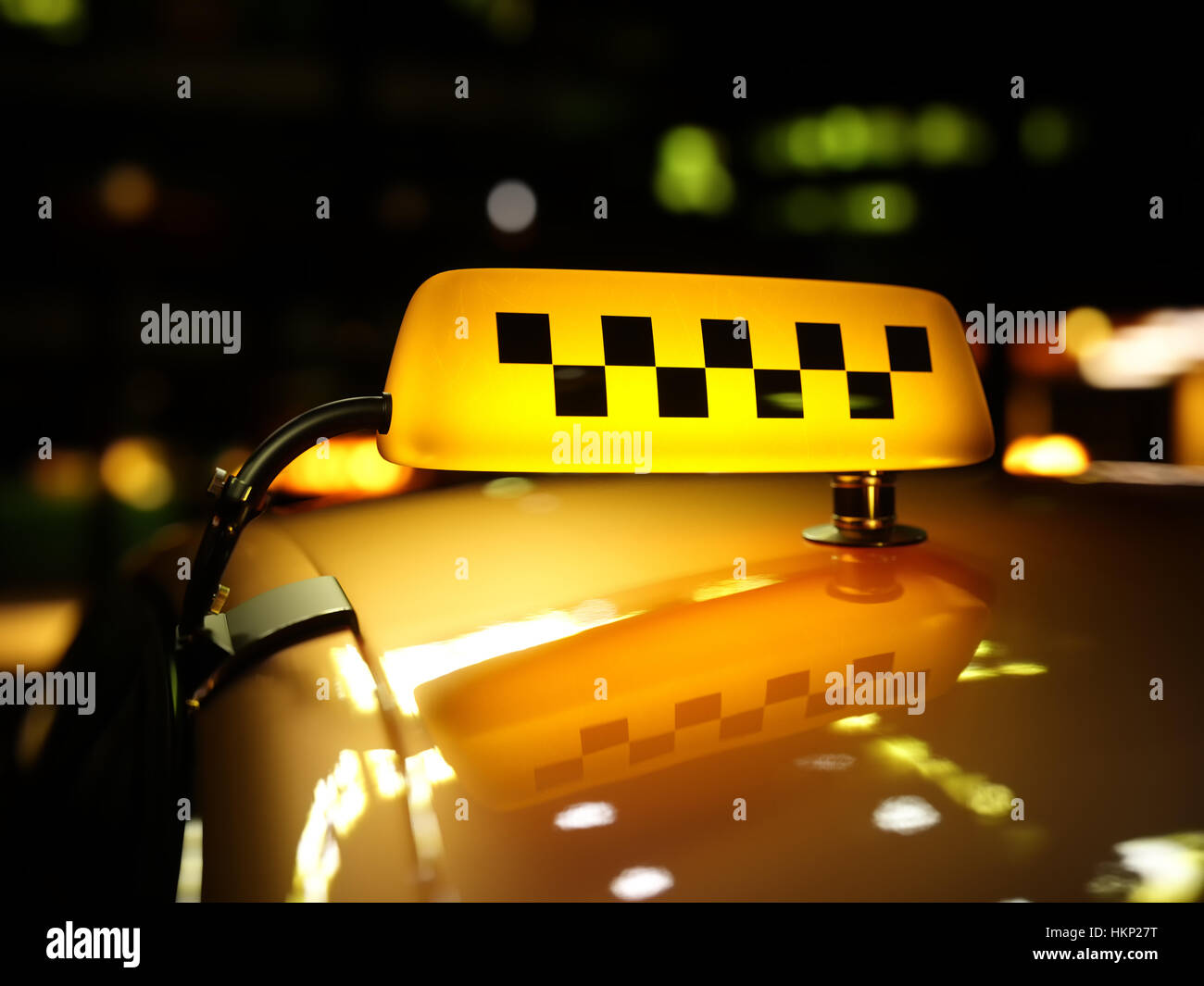 Yellow taxi sign checker at night. Taxi car checker on the street at night. Taxi car roof sign on bokeh background Stock Photo