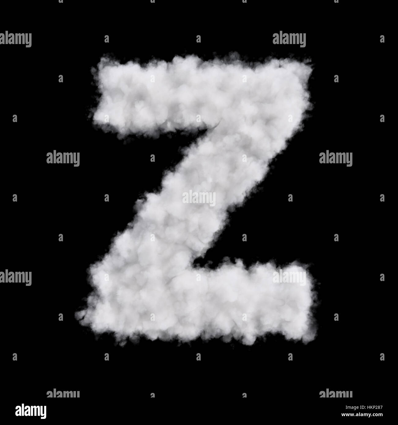 Capital letter Z font of white cloud shape. Cloudy alphabet. 3d rendering illustration. Isolated on black background Stock Photo