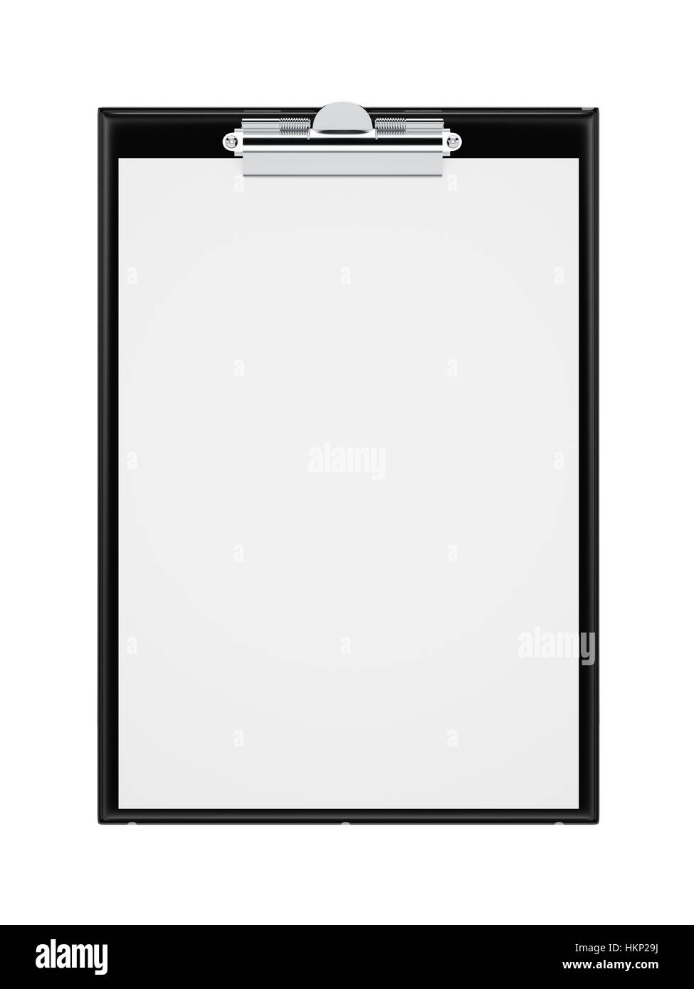 Black clipboard with blank sheets of paper isolated on white. 3d ...