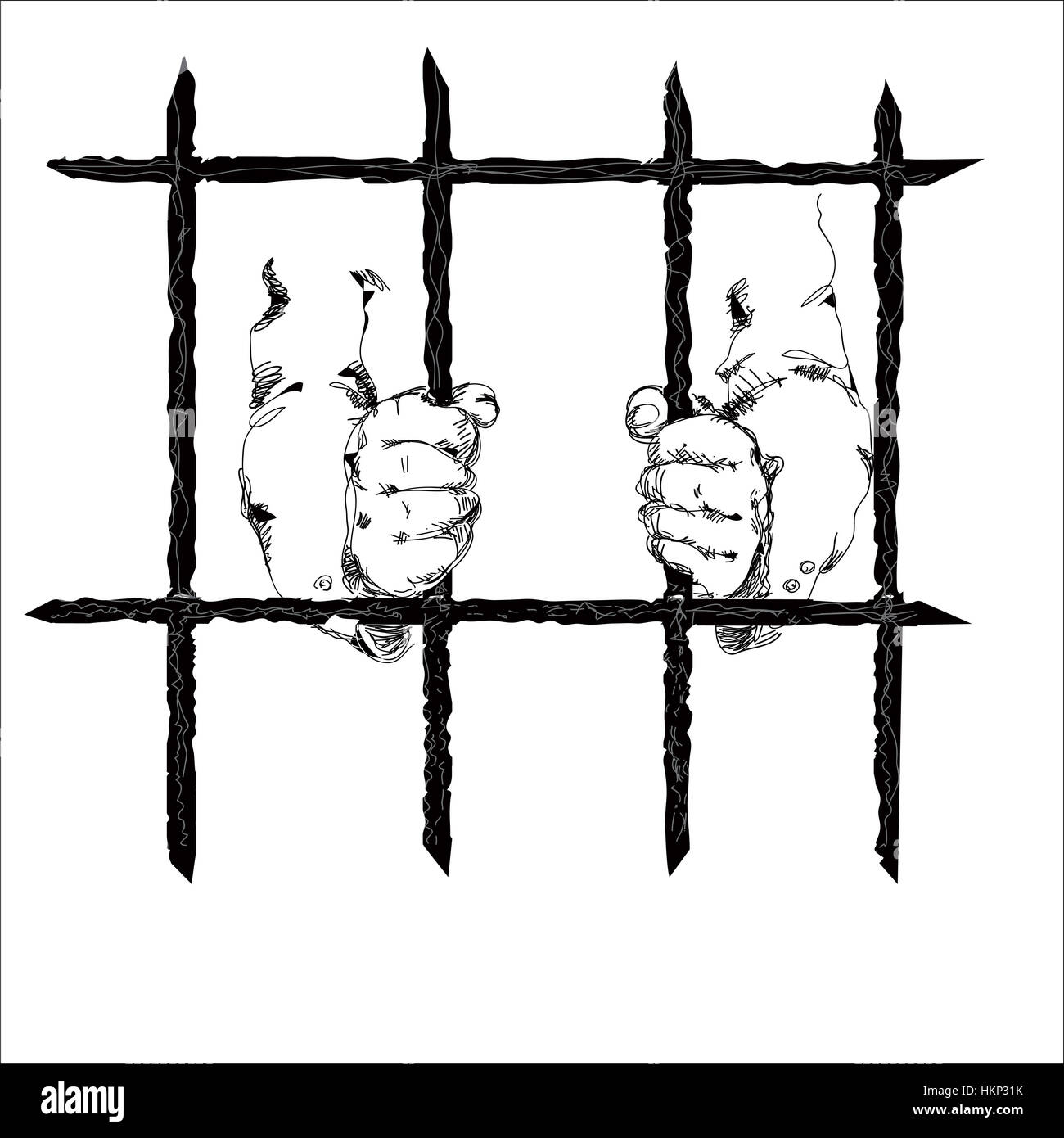 Inmate hands behind the bars, simple illustration in black and white Stock Photo