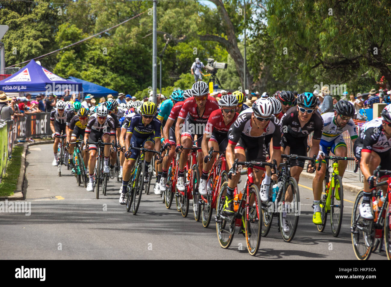 The last stage of the Tour Down Under races around the street circuit of central Adelaide Stock Photo