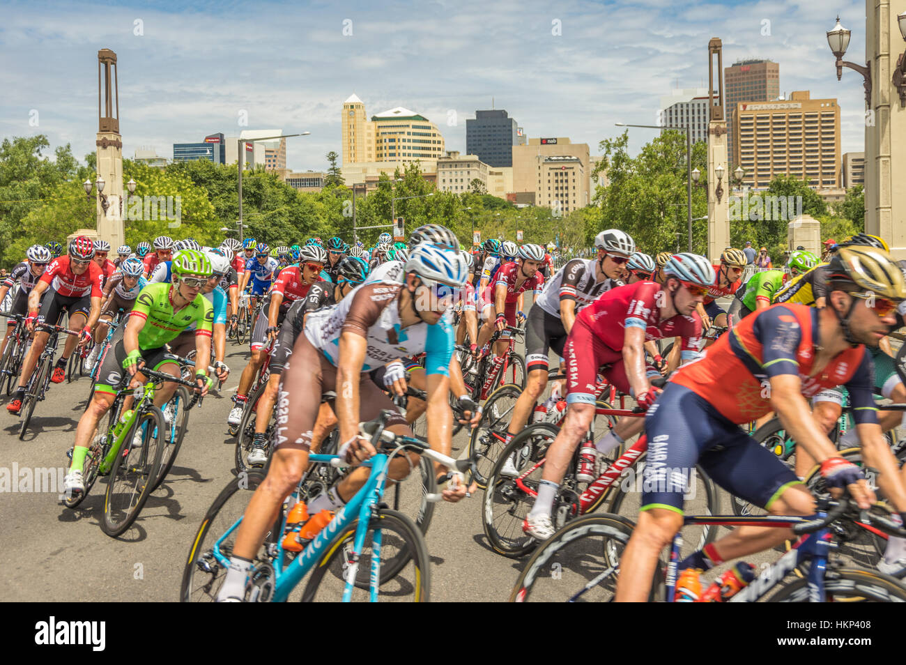 The last stage of the Tour Down Under races around the street circuit of central Adelaide Stock Photo