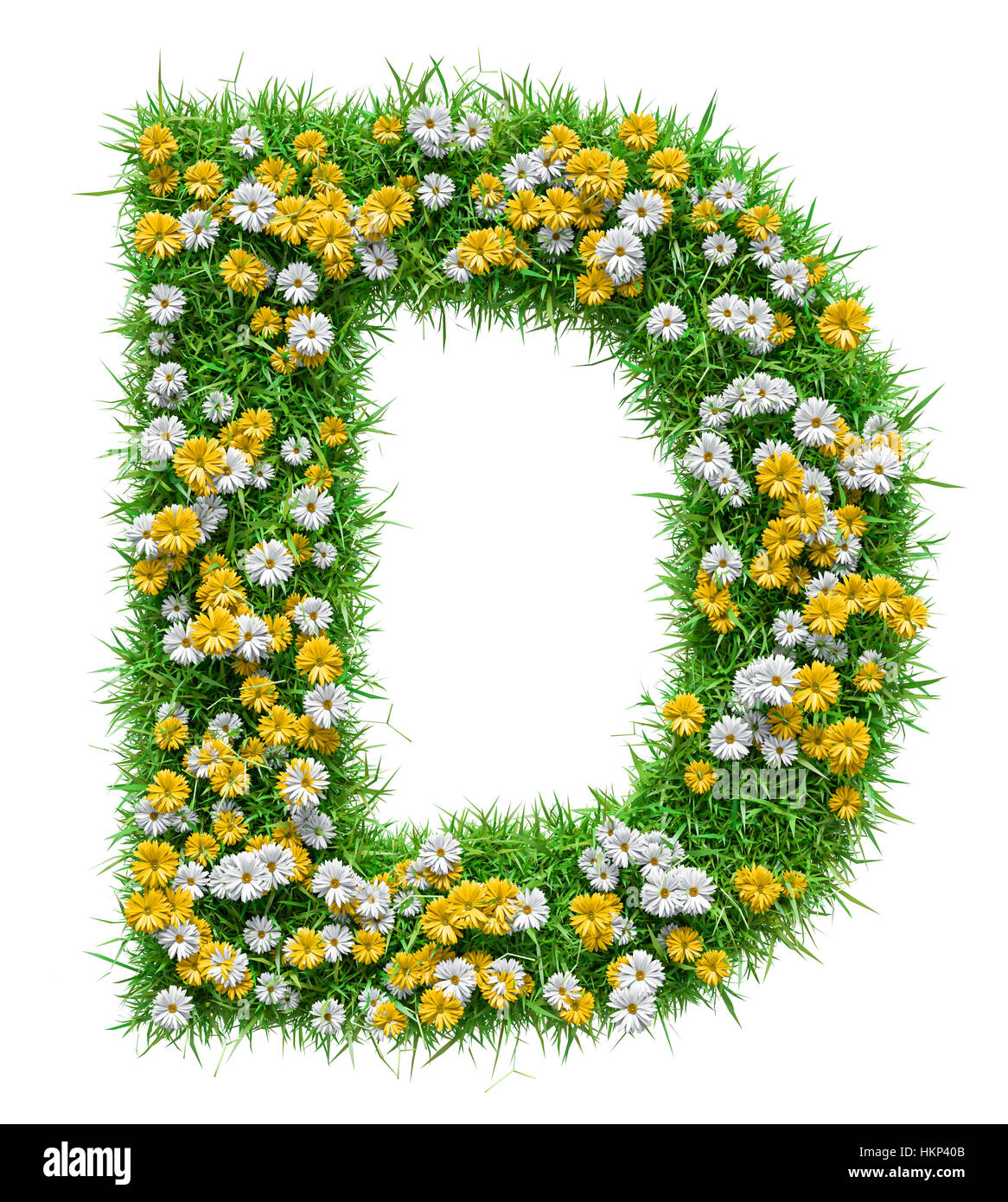 Letter D Of Green Grass And Flowers Stock Photo