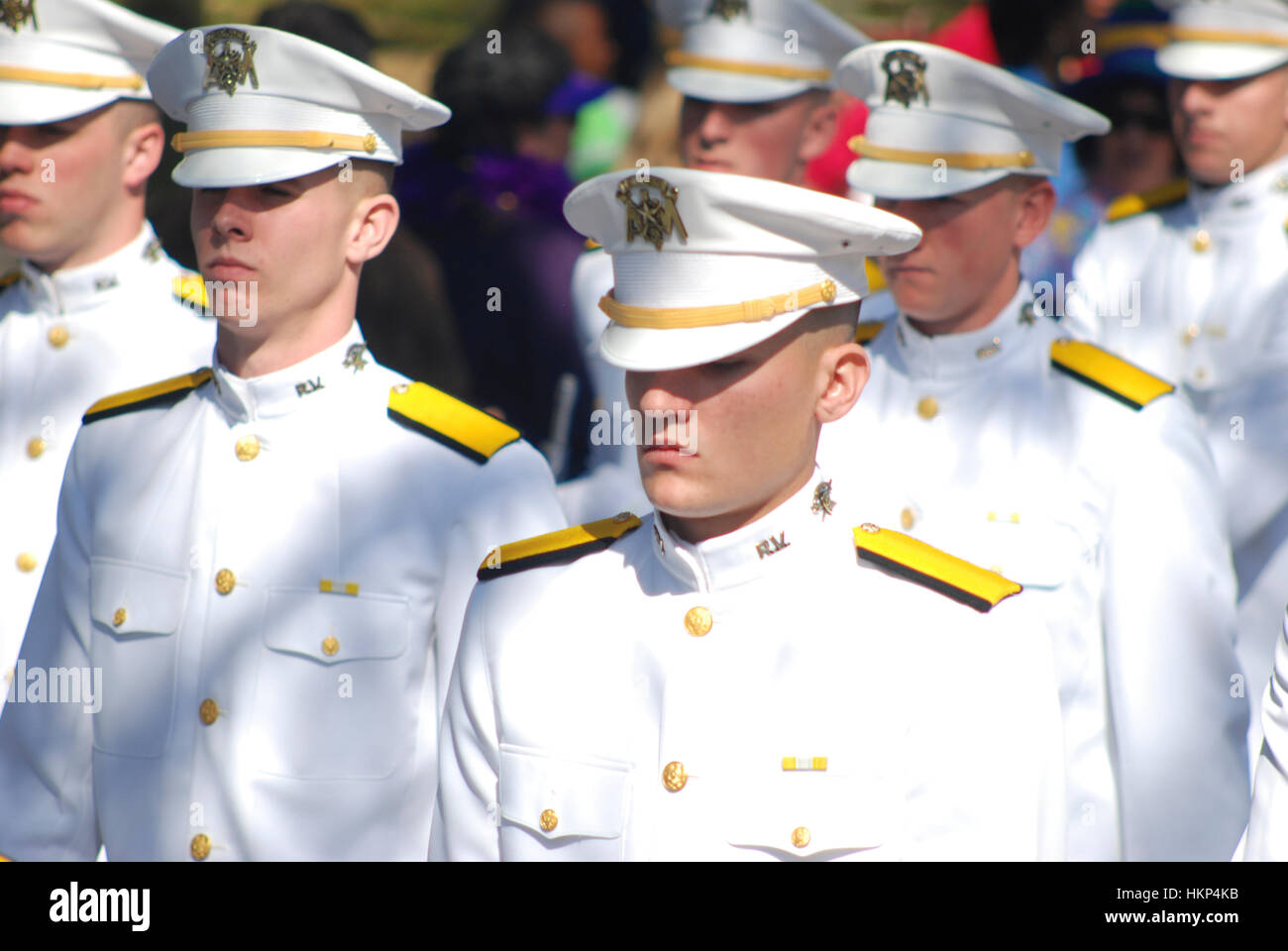 New Orleans, Louisiana, USA: February 2009.Military band marches in Rex parade on Mardi Gras Day. Stock Photo