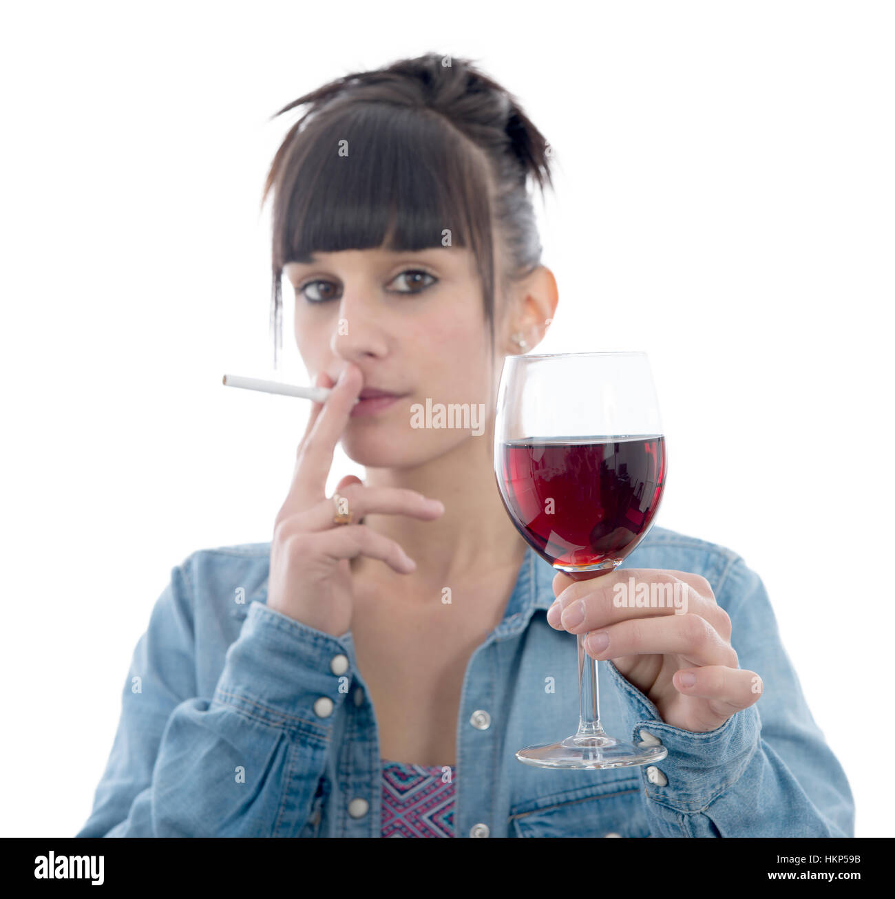 girl with a glass of red wine and a cigarette, on white background