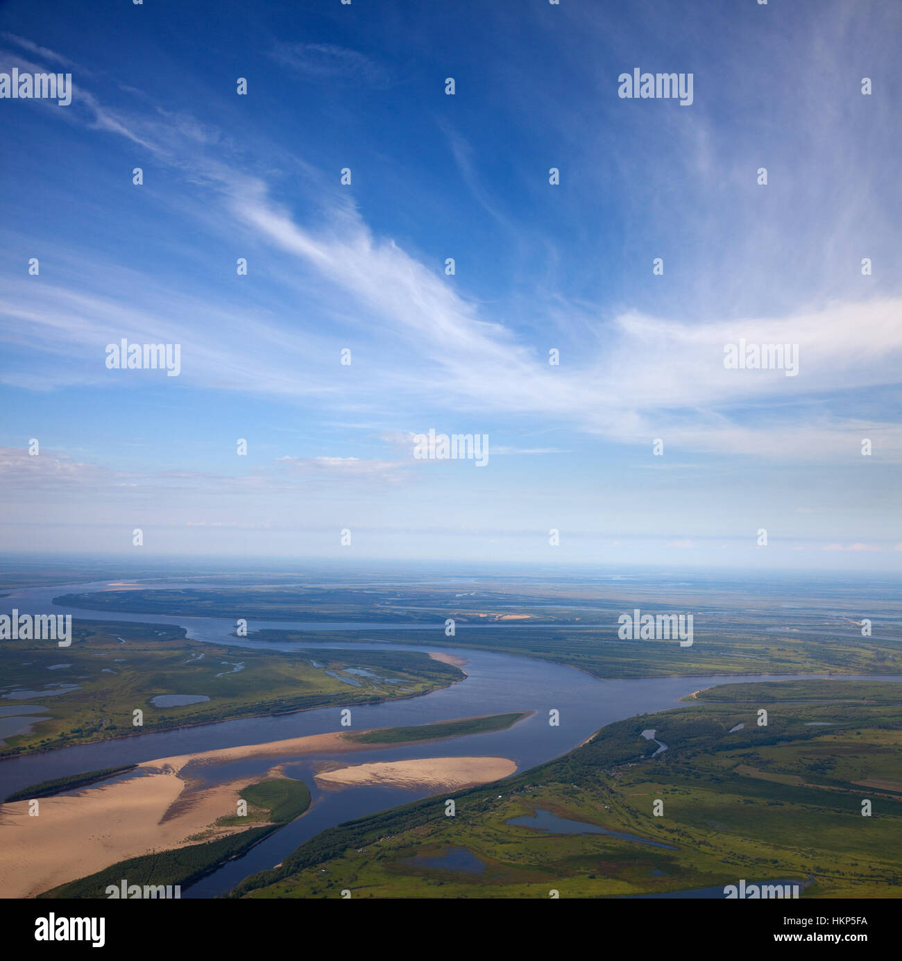 Aerial view on the floodland the great river during summer Stock Photo ...