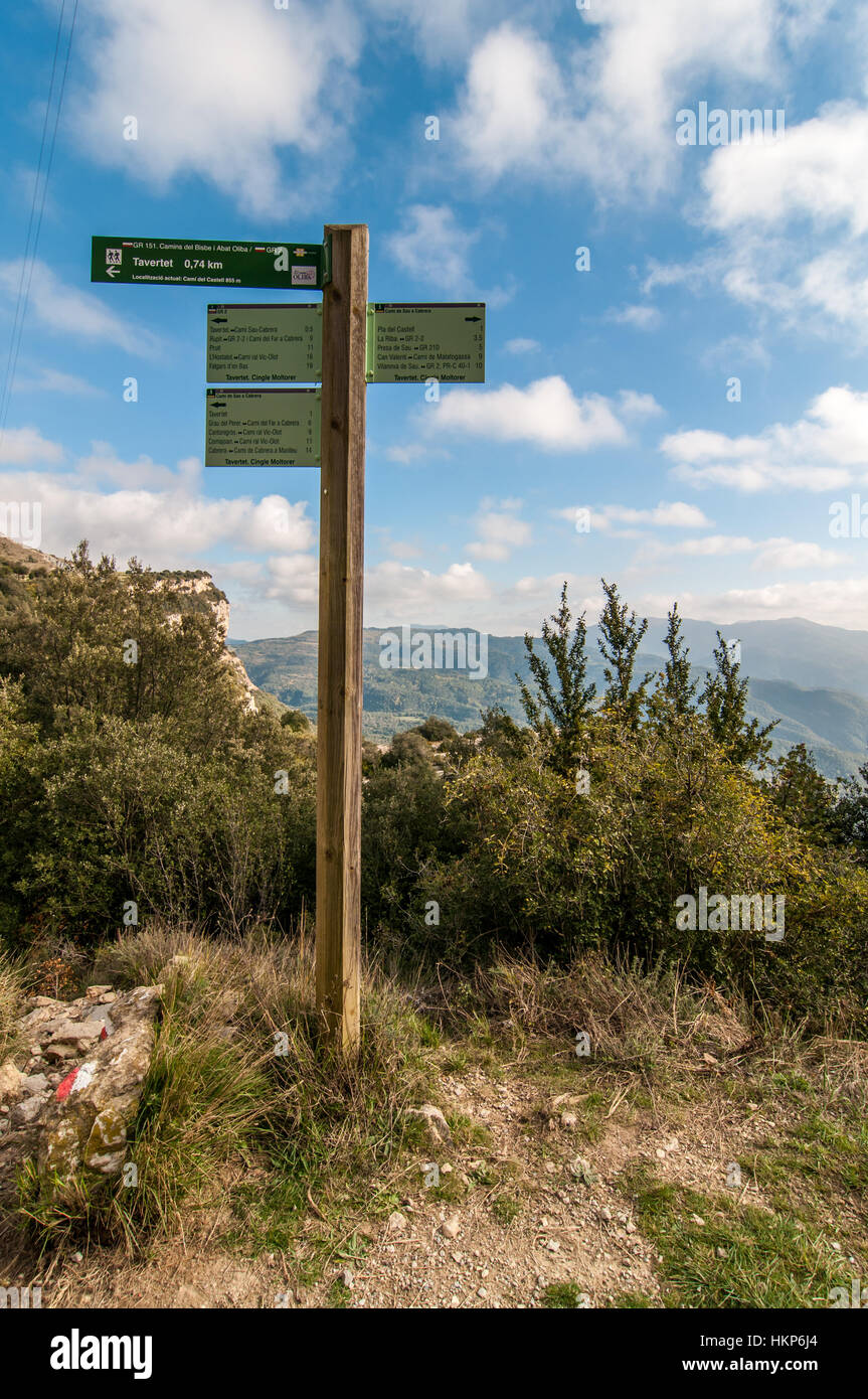 Sign to indicate mountain walking routes, tavertet, Girona, Catalonia Stock Photo