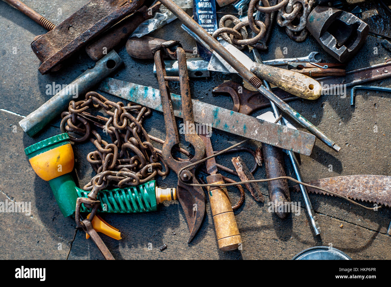 Old second-hand tools to sell on the street Stock Photo