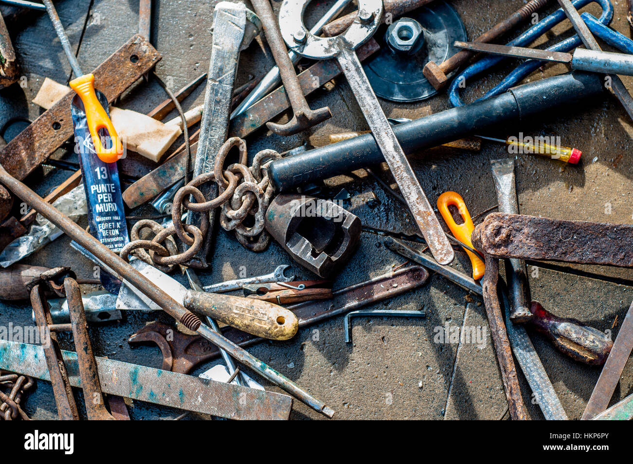 Old second-hand tools to sell on the street Stock Photo