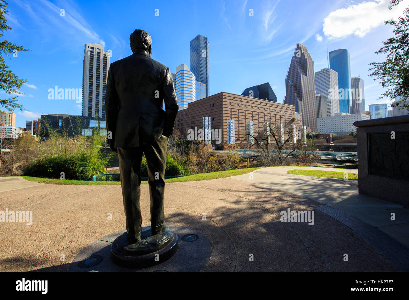 George H. W. Bush Monument with downtown houston Stock Photo