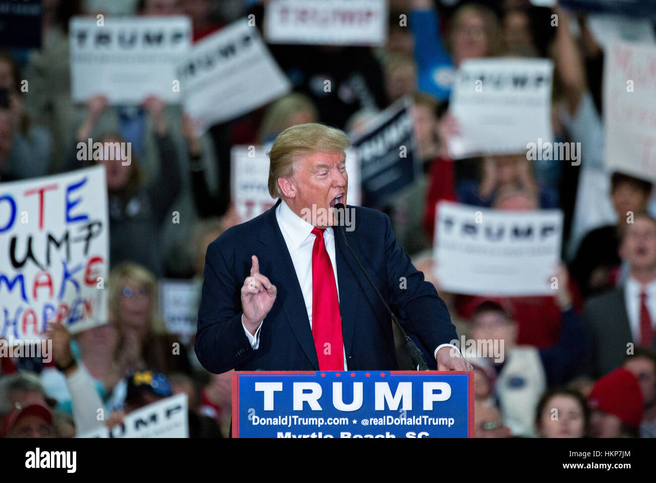 Republican presidential candidate billionaire Donald Trump addresses supporters during a campaign rally at the Myrtle Beach Convention Center November 24, 2015 in Myrtle Beach, South Carolina. Stock Photo