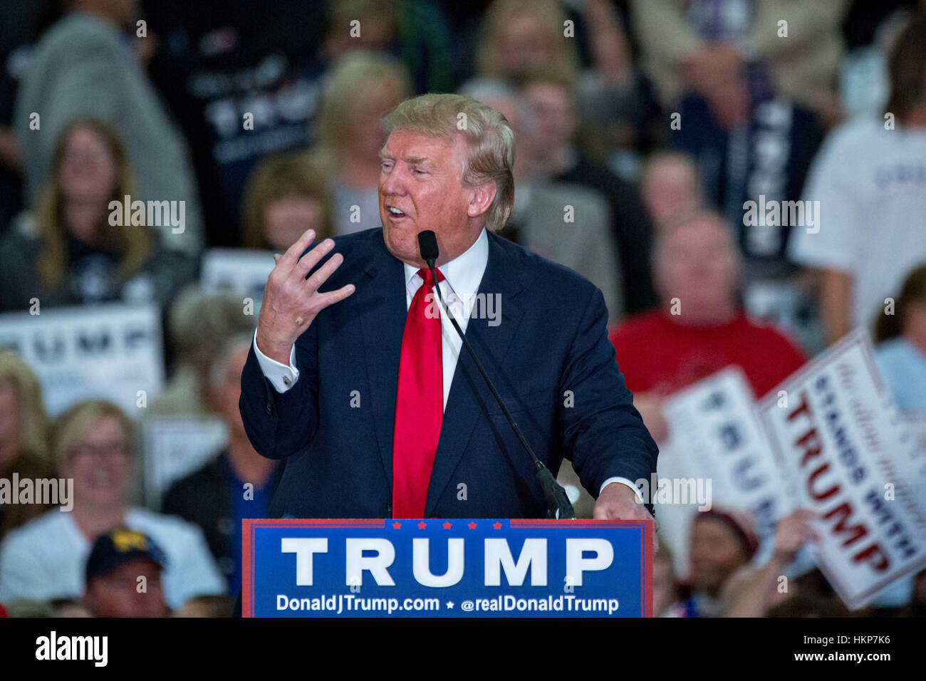 Republican presidential candidate billionaire Donald Trump mocks disabled New York Times reporter Serge Kovaleski during a campaign rally at the Myrtle Beach Convention Center November 24, 2015 in Myrtle Beach, South Carolina. Stock Photo