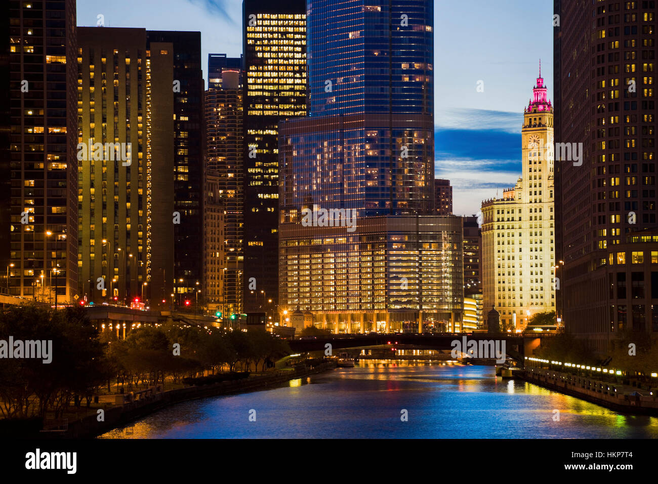 Skyline of Chicago along the river. Chicago, Illinois, USA Stock Photo ...
