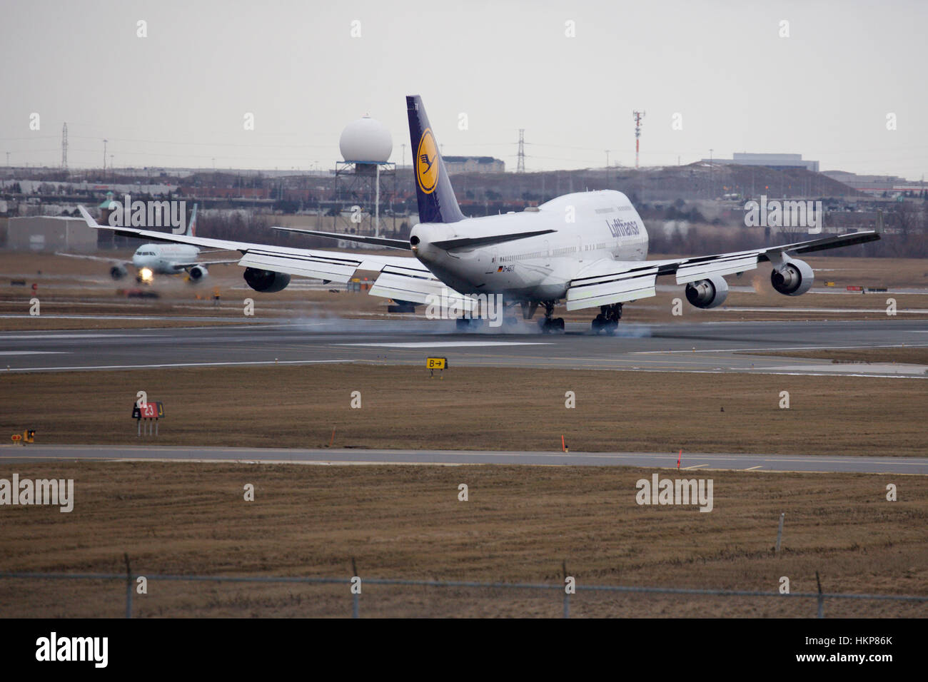 Lufthansa Boeing 747-400 Landing at Toronto Pearson Airport on Runway 23L Stock Photo