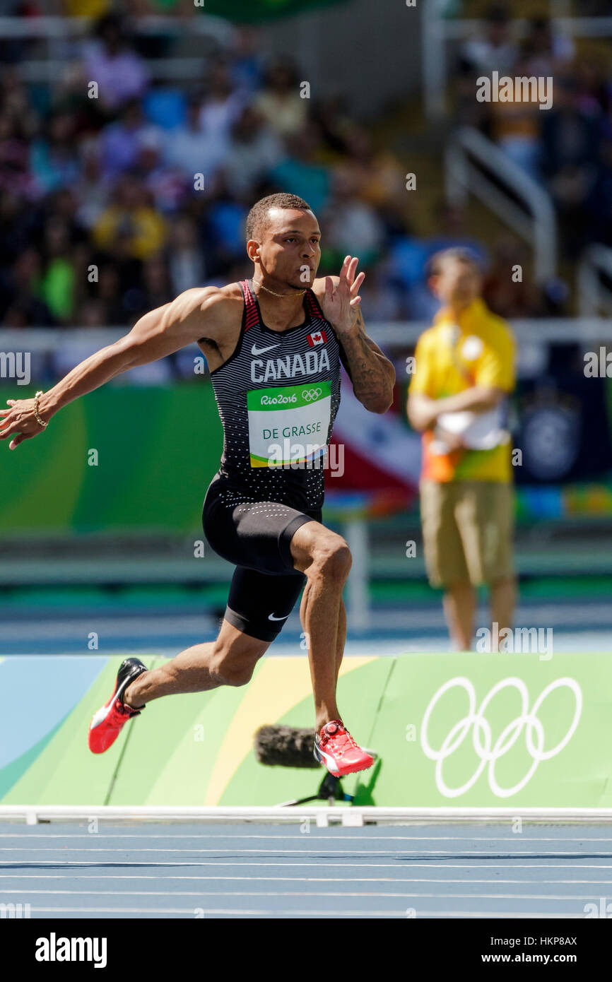 Rio de Janeiro, Brazil. 13 August 2016. Andre De Grasse (CAN) competing in the Men's 100m heats at the 2016 Olympic Summer Games. ©Paul J. Sutton/PCN  Stock Photo