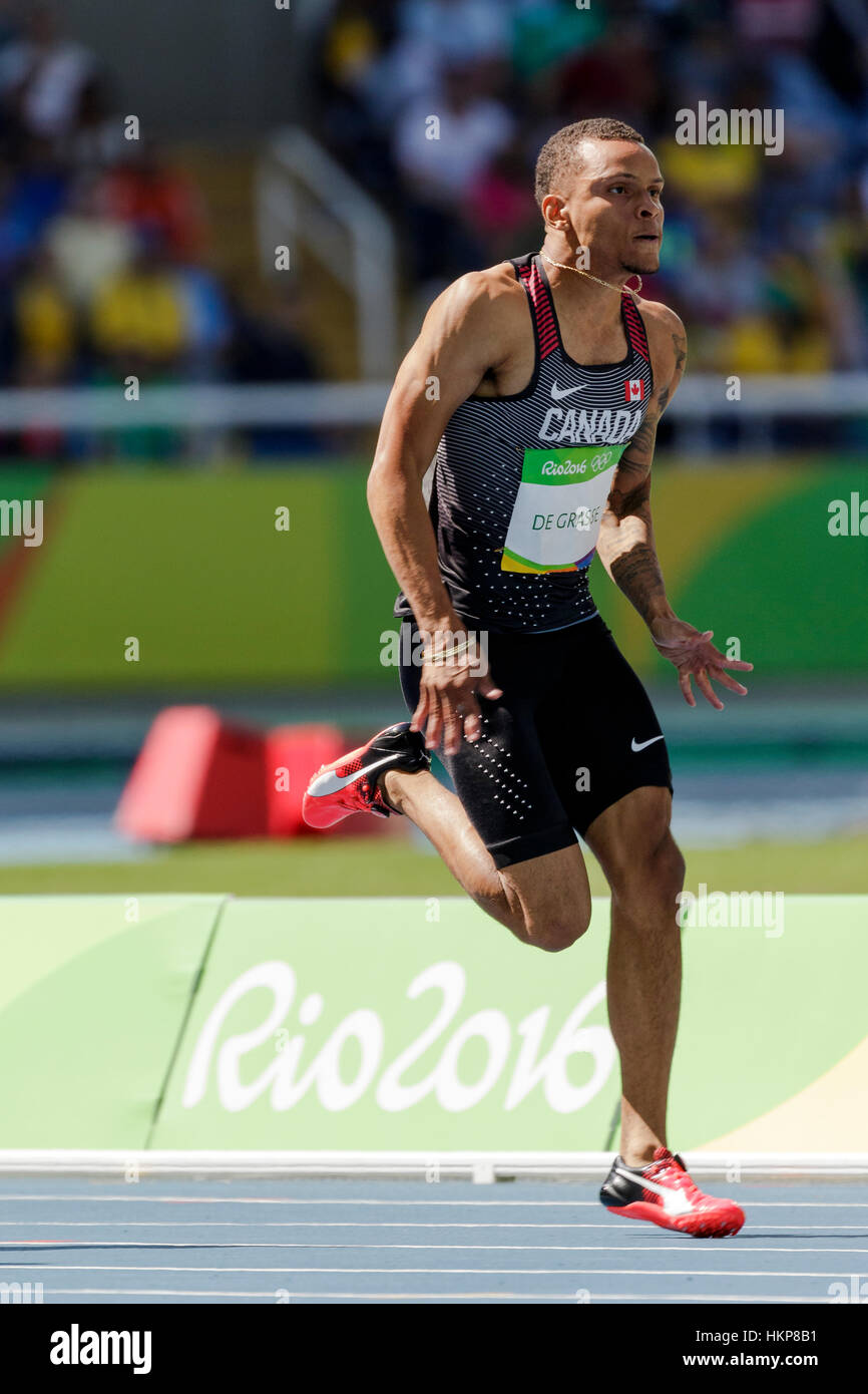 Rio de Janeiro, Brazil. 13 August 2016. Andre De Grasse (CAN) competing in the Men's 100m heats at the 2016 Olympic Summer Games. ©Paul J. Sutton/PCN  Stock Photo