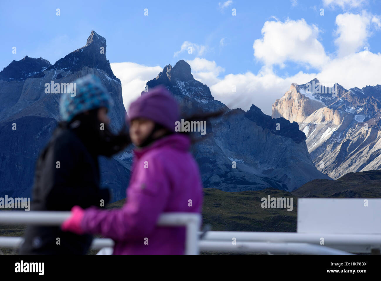 View from catamaran on Lake Pehoe of Cuernos del Paine in Torres del