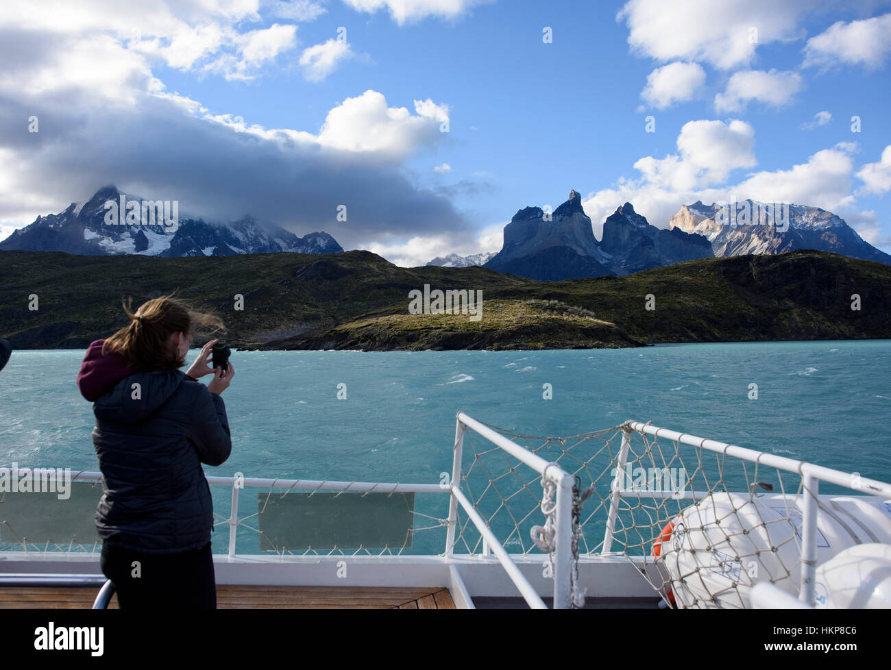 View from catamaran on Lake Pehoe of Cuernos del Paine in Torres del