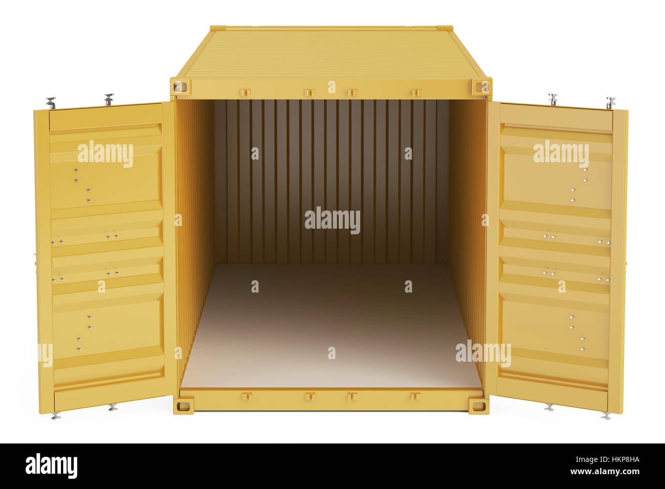 orange opened empty cargo container, front view. 3D rendering isolated