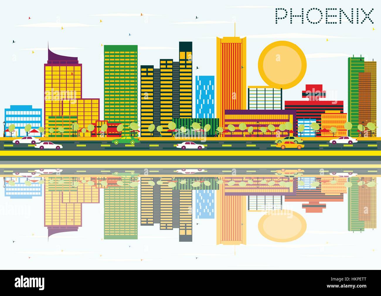 Phoenix Skyline with Color Buildings, Blue Sky and Reflection. Vector Illustration. Business Travel and Tourism Concept. Image for Presentation Banner Stock Vector