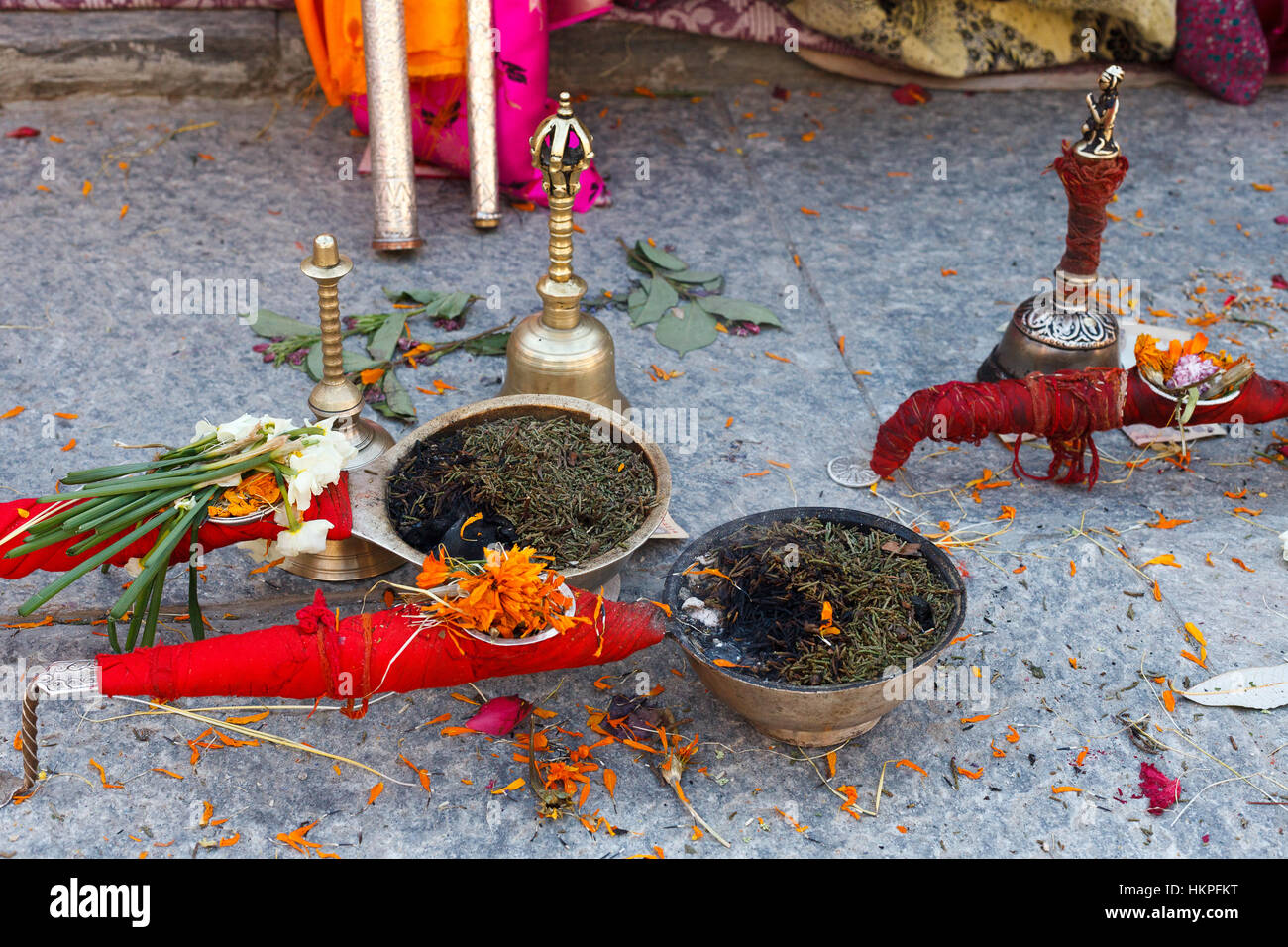 Incense burning and flower offering during Birshu Mela ceremony in indian himalayas Stock Photo