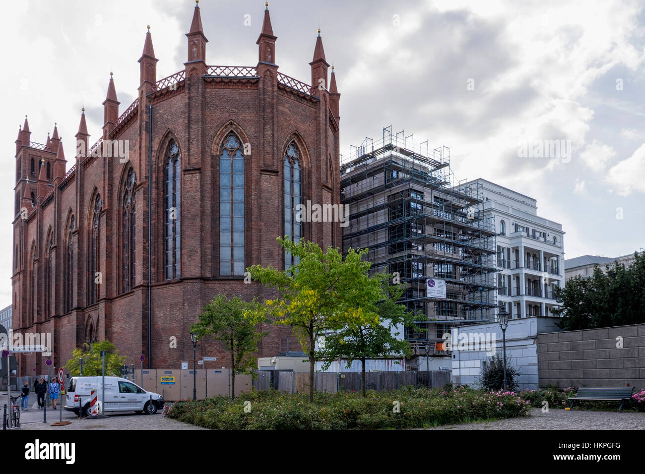 Berlin, Mitte. The beautiful Neo-gothic Friedrichswerder Church is closed as result of new building works around it. Poor city planning. Stock Photo