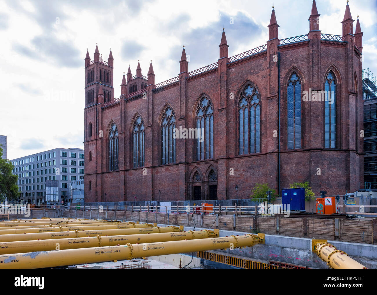 Berlin, Mitte. The beautiful Neo-gothic Friedrichswerder Church is closed as result of new building works around it. Poor city planning. Stock Photo