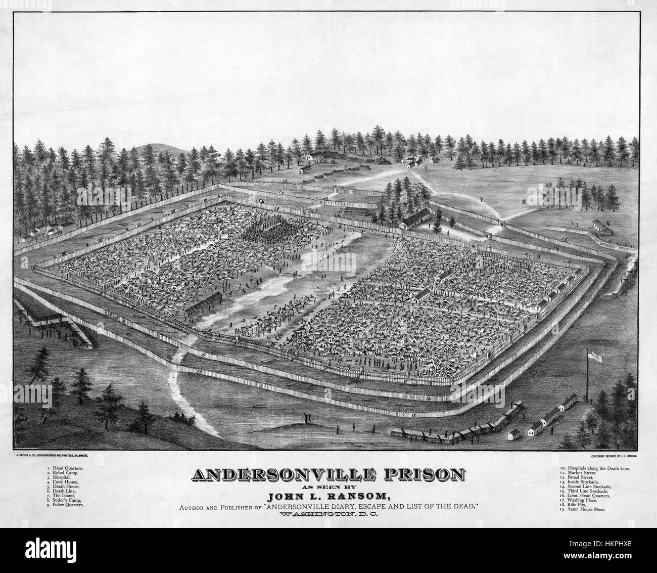 ANDERSONVILLE CONFEDERATE PRISON, Georgia,  in an 1882 engraving. Stock Photo
