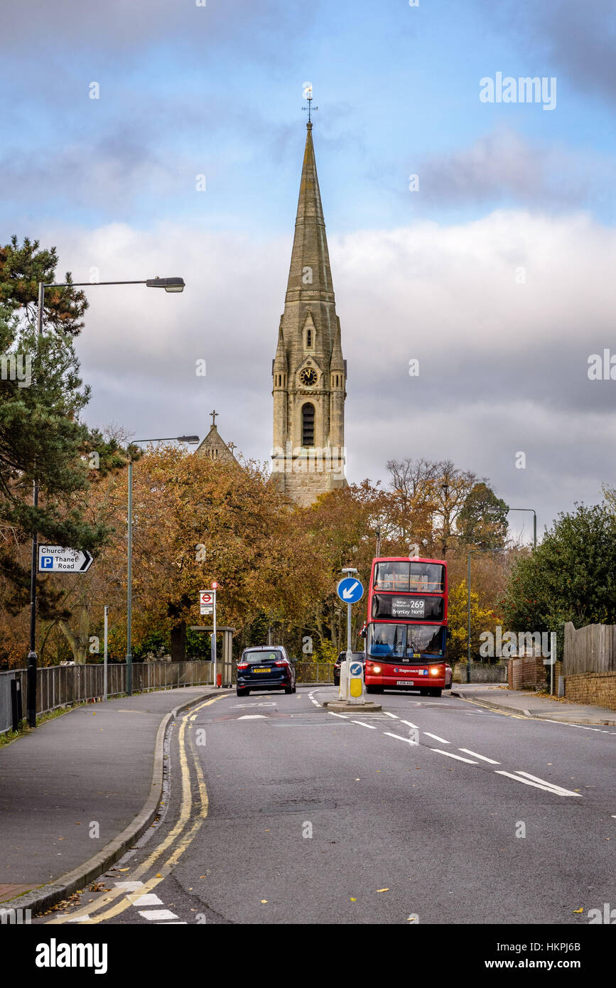 Parkhill Road and Parish Church of St. John The Evangelist, Bexley, Kent Stock Photo