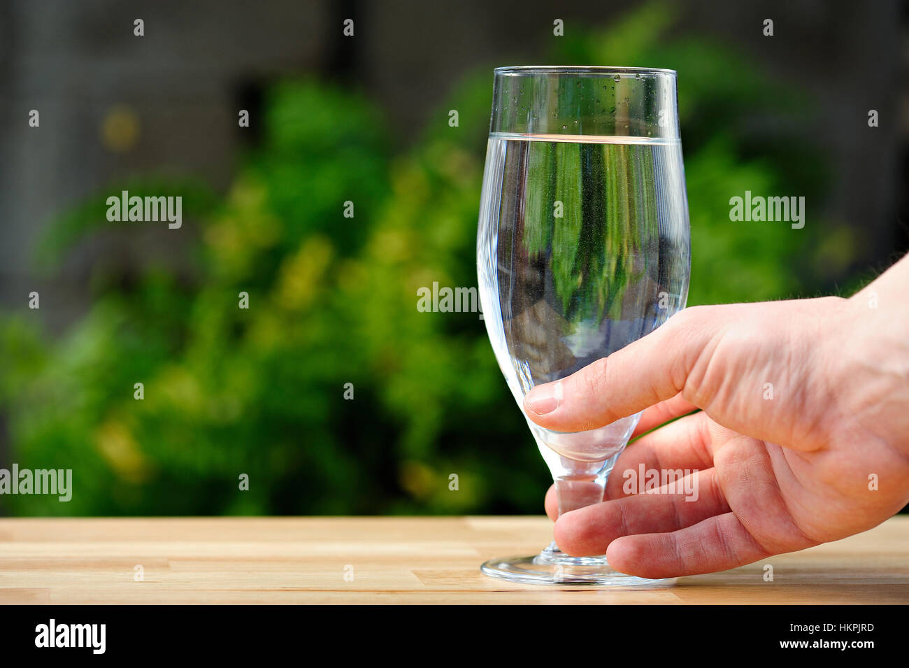 hand hold water in big glass on green park background Stock Photo