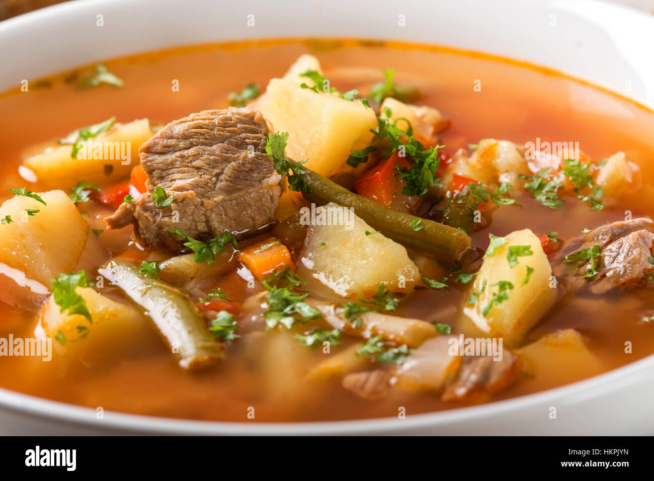 Close up of bowl of vegetable beef soup Stock Photo