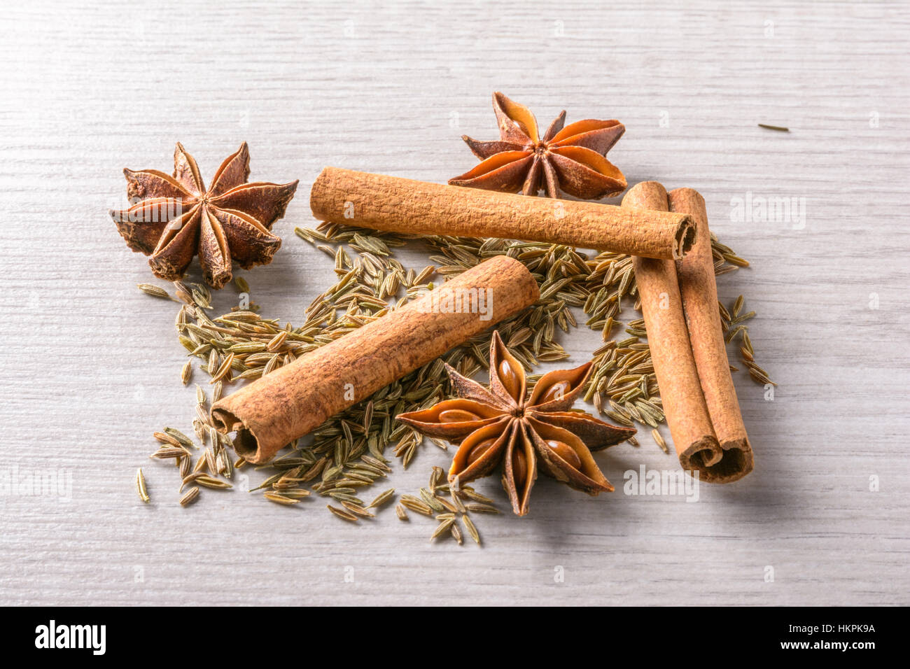Star anise, cinnamon and cumin Stock Photo