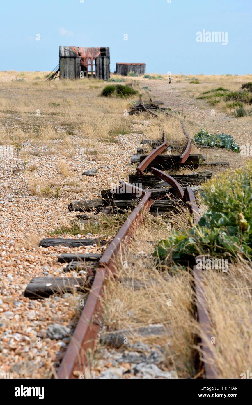 Railway track disused on Dungeness beach in Kent Stock Photo Alamy