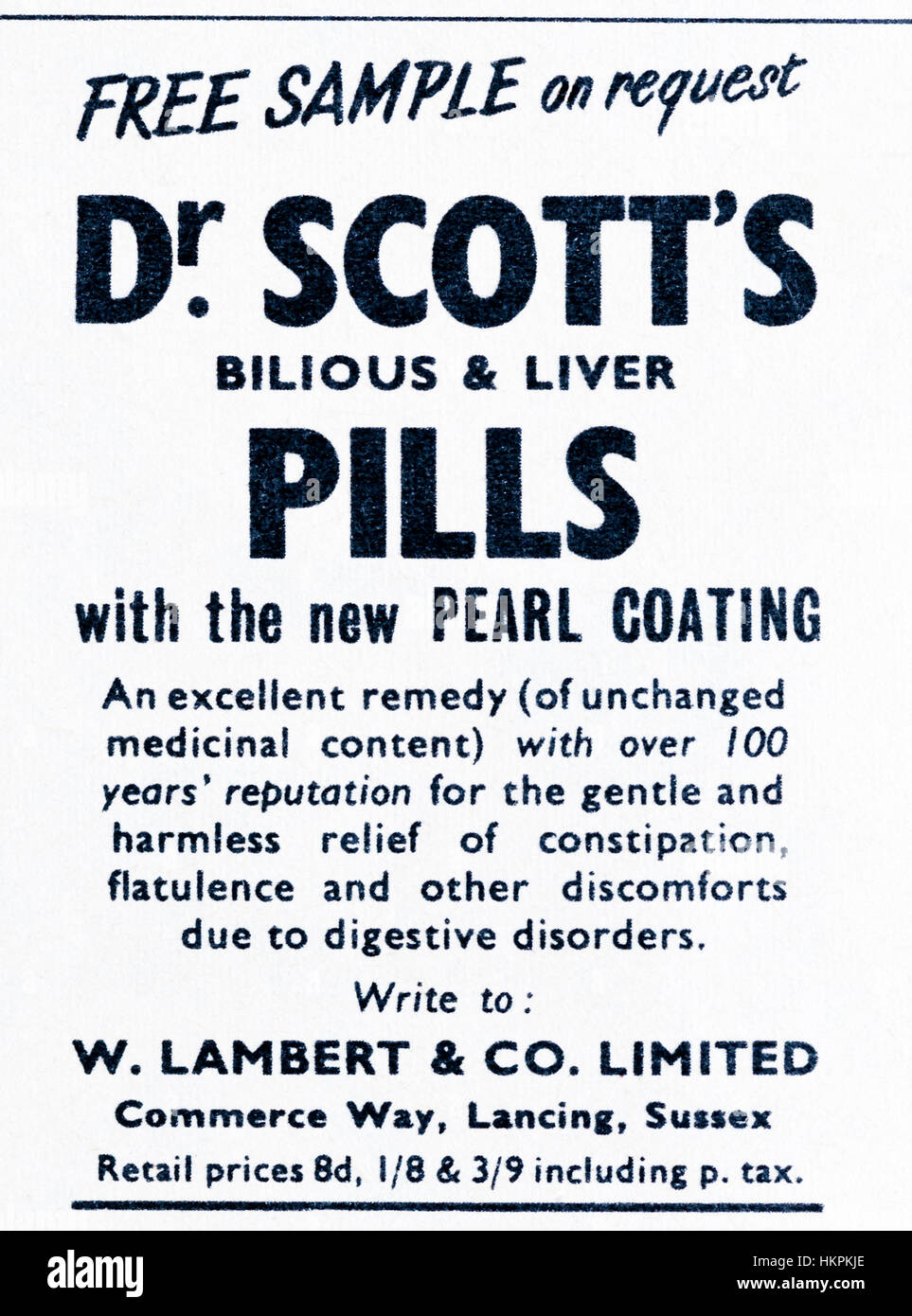 A 1953 magazine advertisement for Dr Scott's Bilious and Liver Pills. Stock Photo