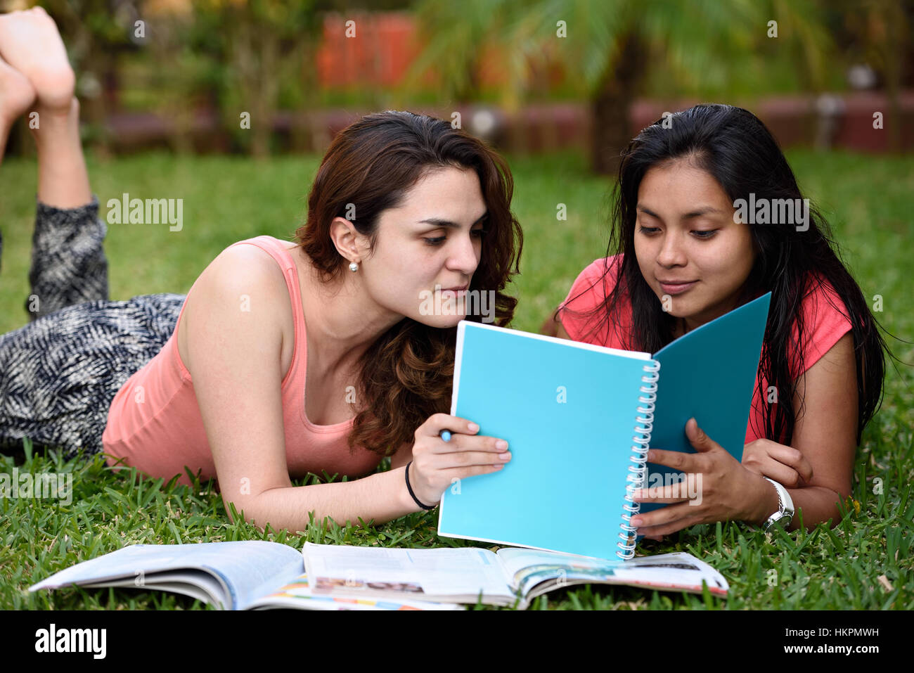 two girls reading notebook on grass in park Stock Photo