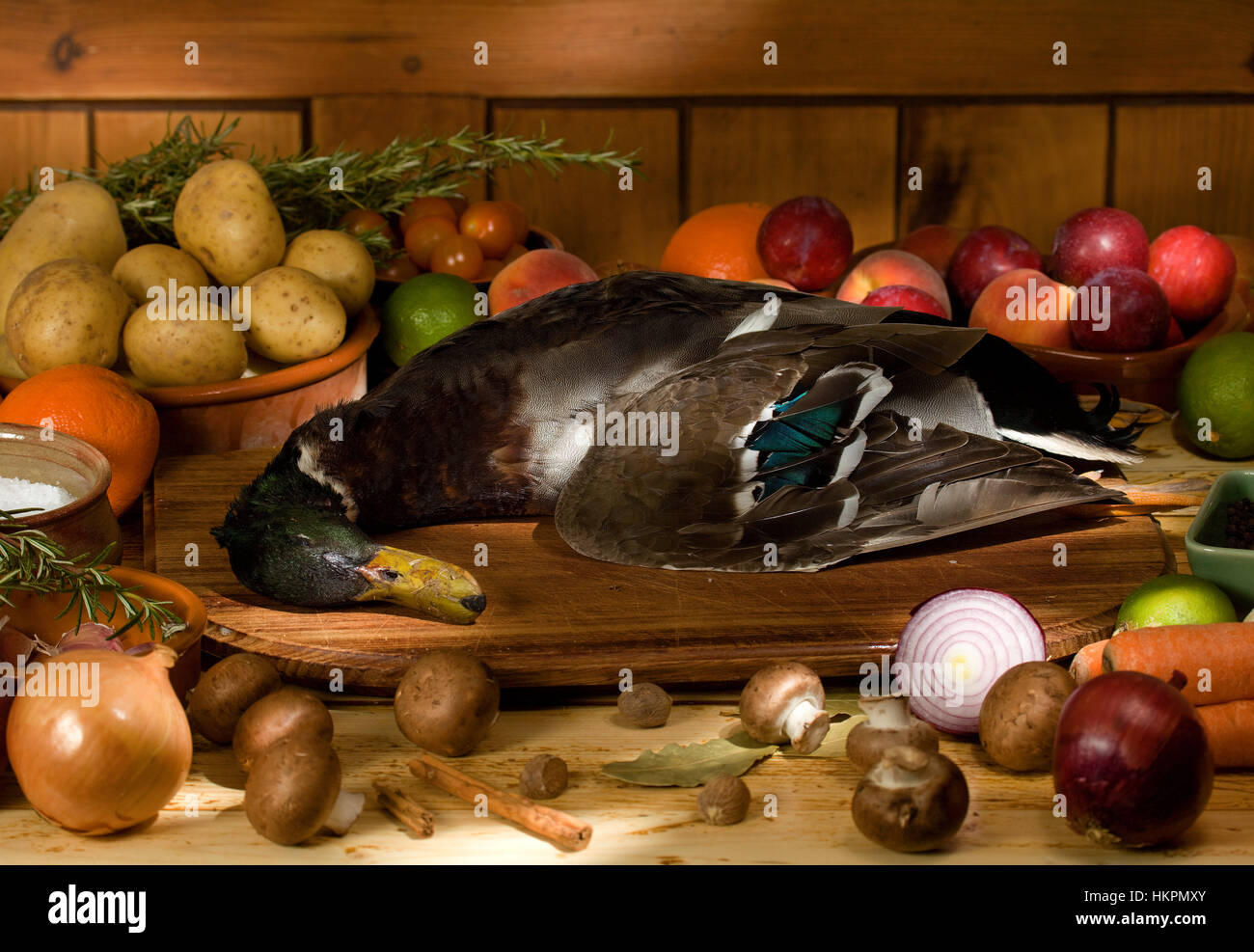 whole Duck fruit and vegetable backgrounds Stock Photo