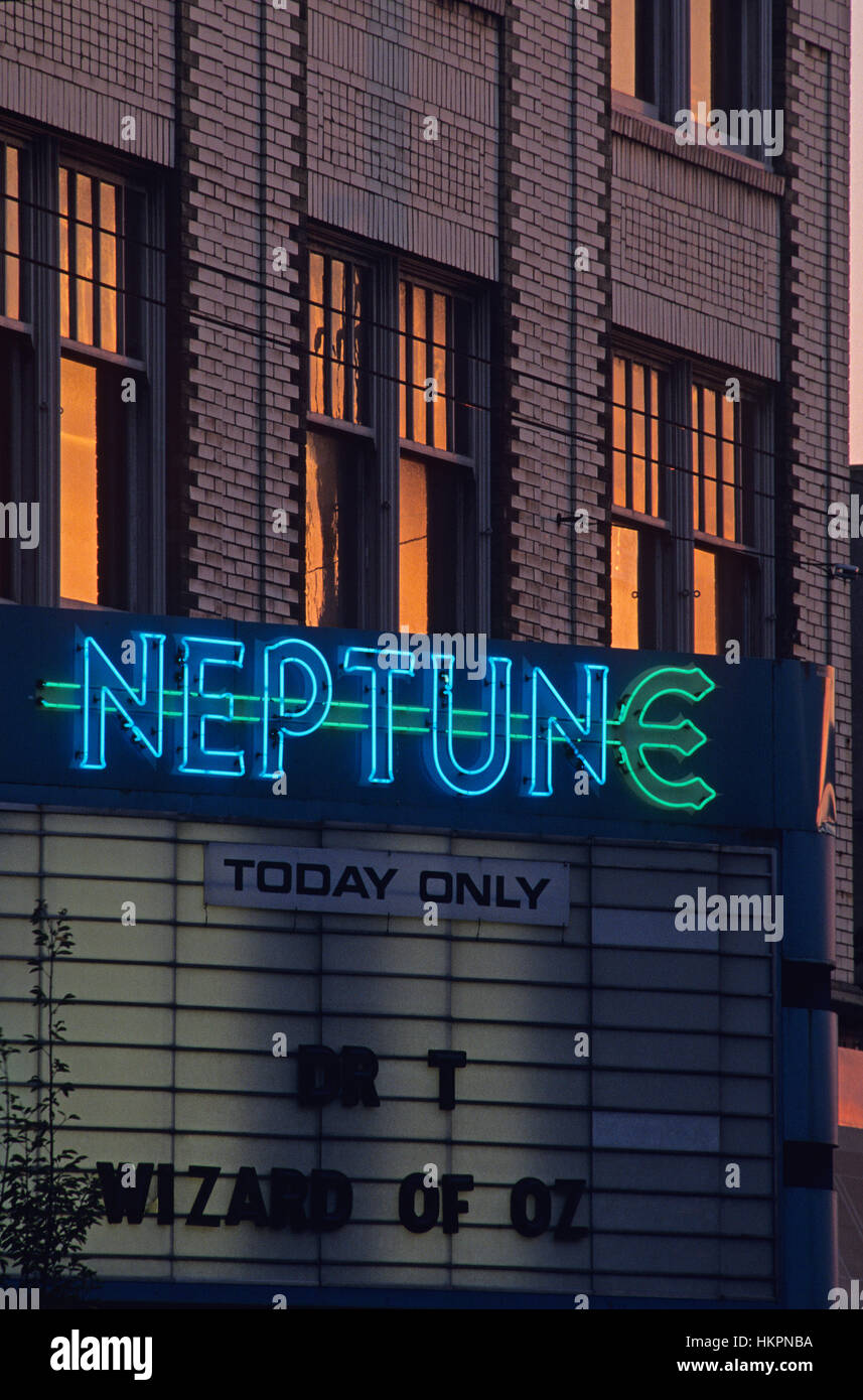 Retro Image, Sunset with Neptune Theater, Neon Signs in front of the theater University District Seattle Washington State USA Stock Photo